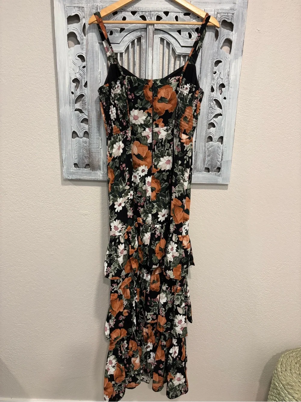 NEW Abercrombie & Fitch Black Floral Tiered Maxi Dress with Orange Blooms